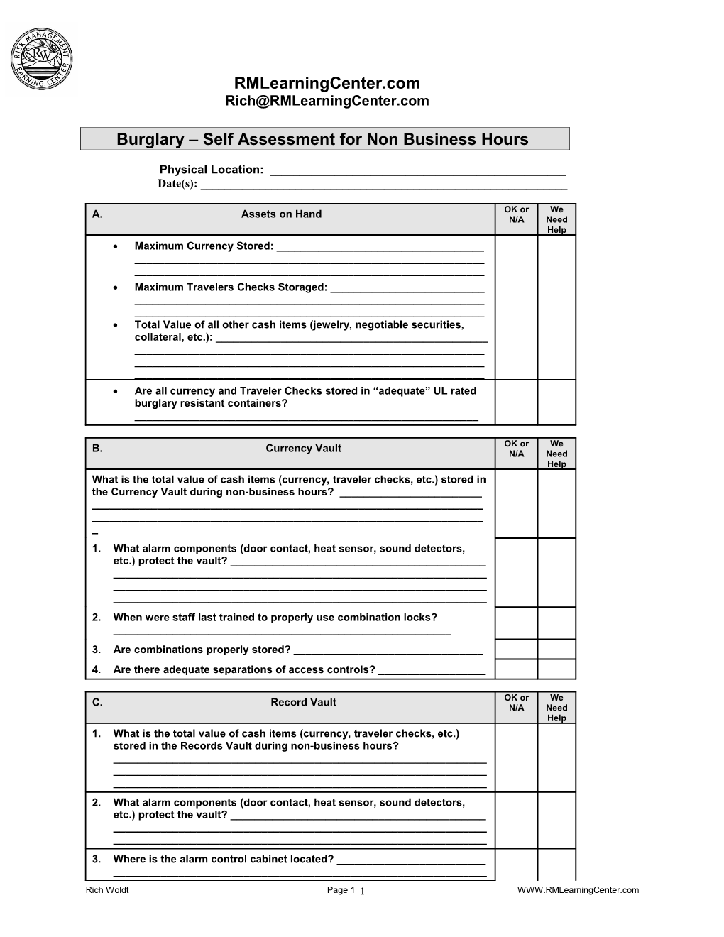 Burglary Self Assessment for Non Business Hours