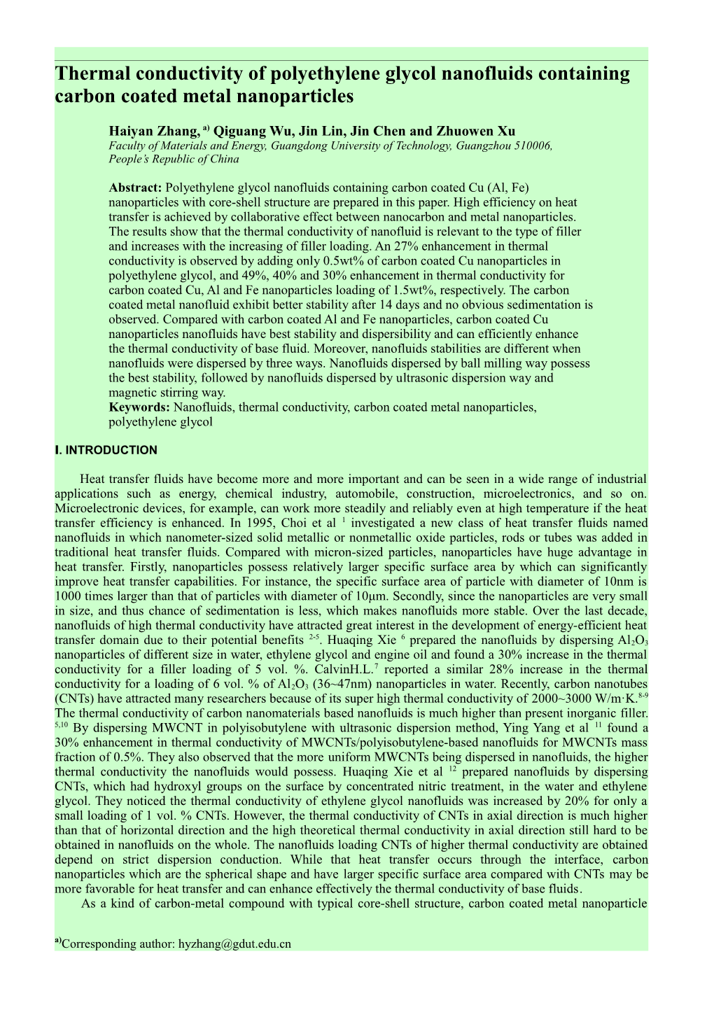 Thermal Conductivity of Polyethylene Glycol Nanofluids Containing Carbon Coated Metal