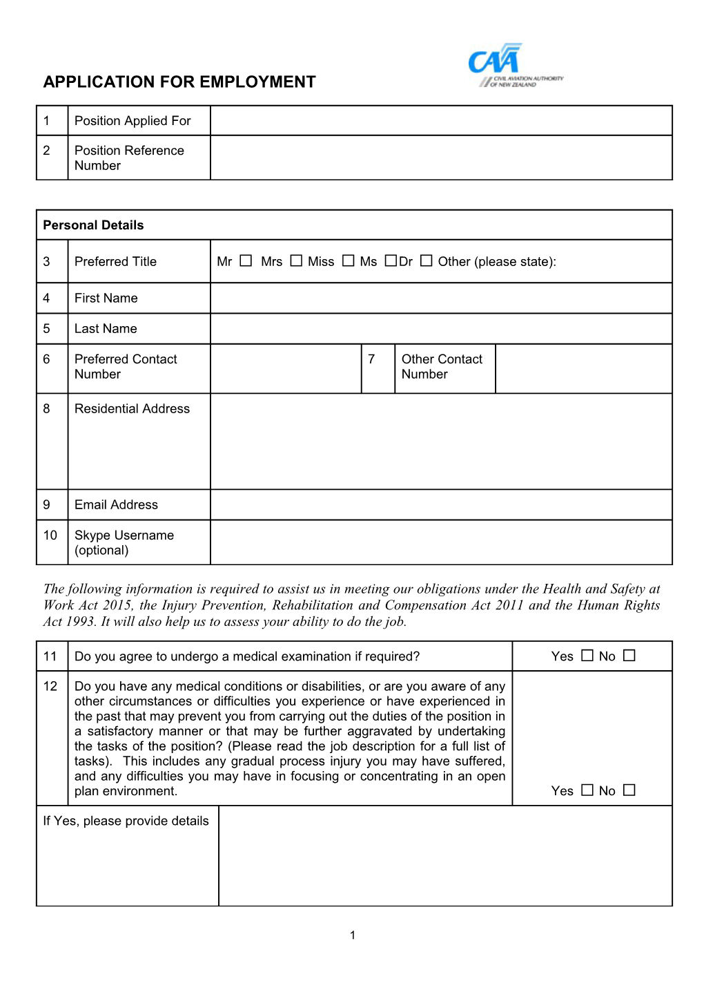 Application for Employment Form Current