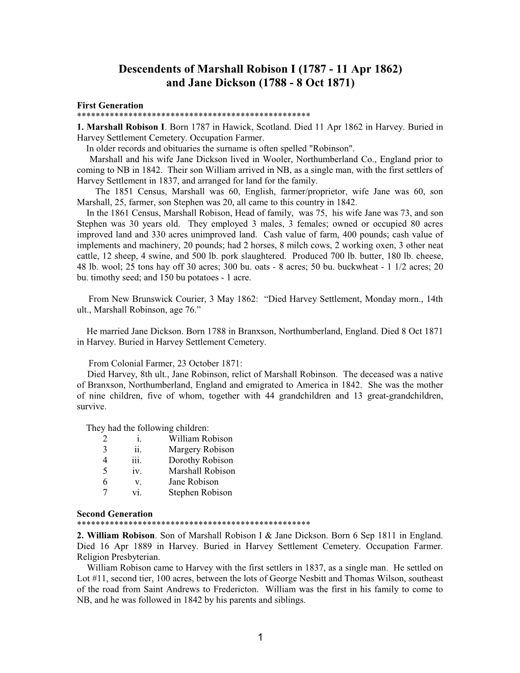 Descendents of Marshall Robison I (1787 - 11 Apr 1862)