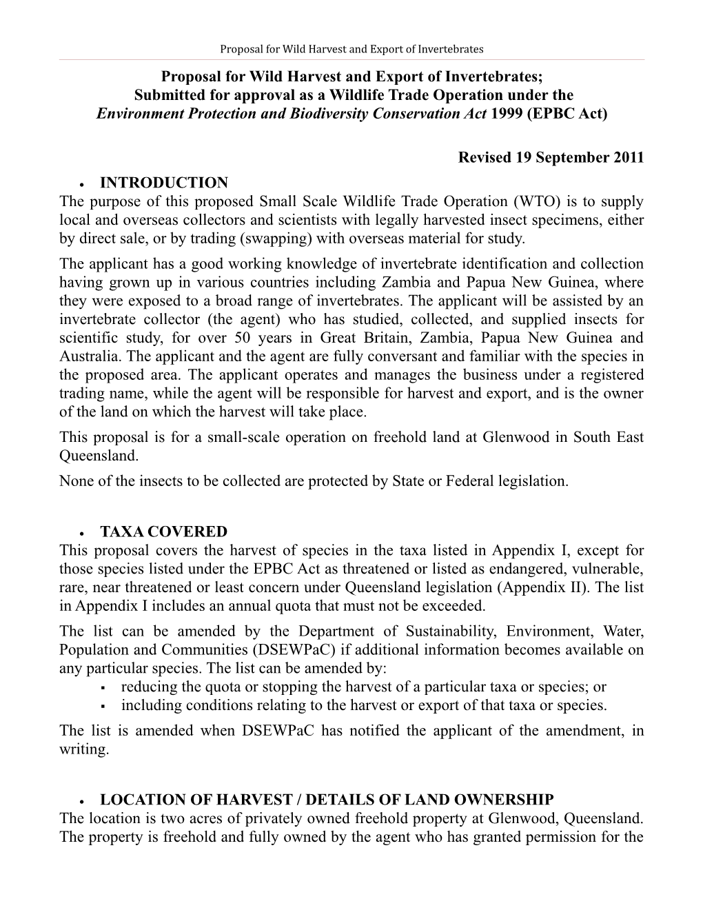 Proposal for Wild Harvest and Export of Invertebrates, Submitted for Approval As a Wildlife