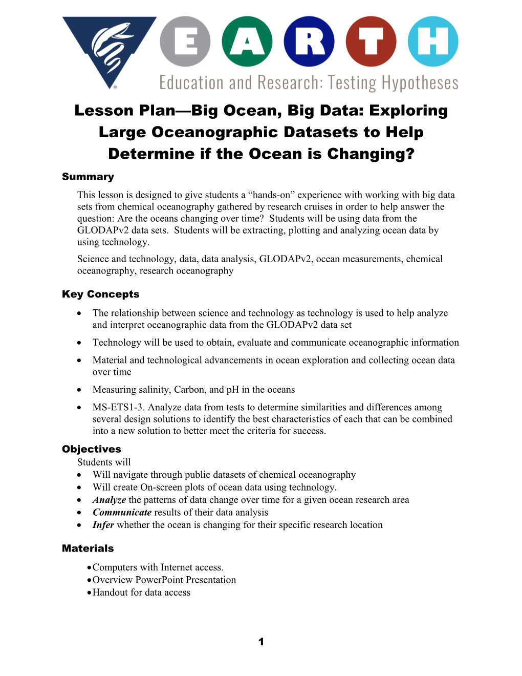 Lesson Plan Big Ocean, Big Data: Exploring Large Oceanographic Datasets to Help Determine