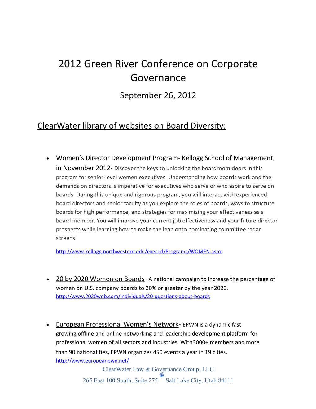 2012 Green River Conference on Corporate Governance