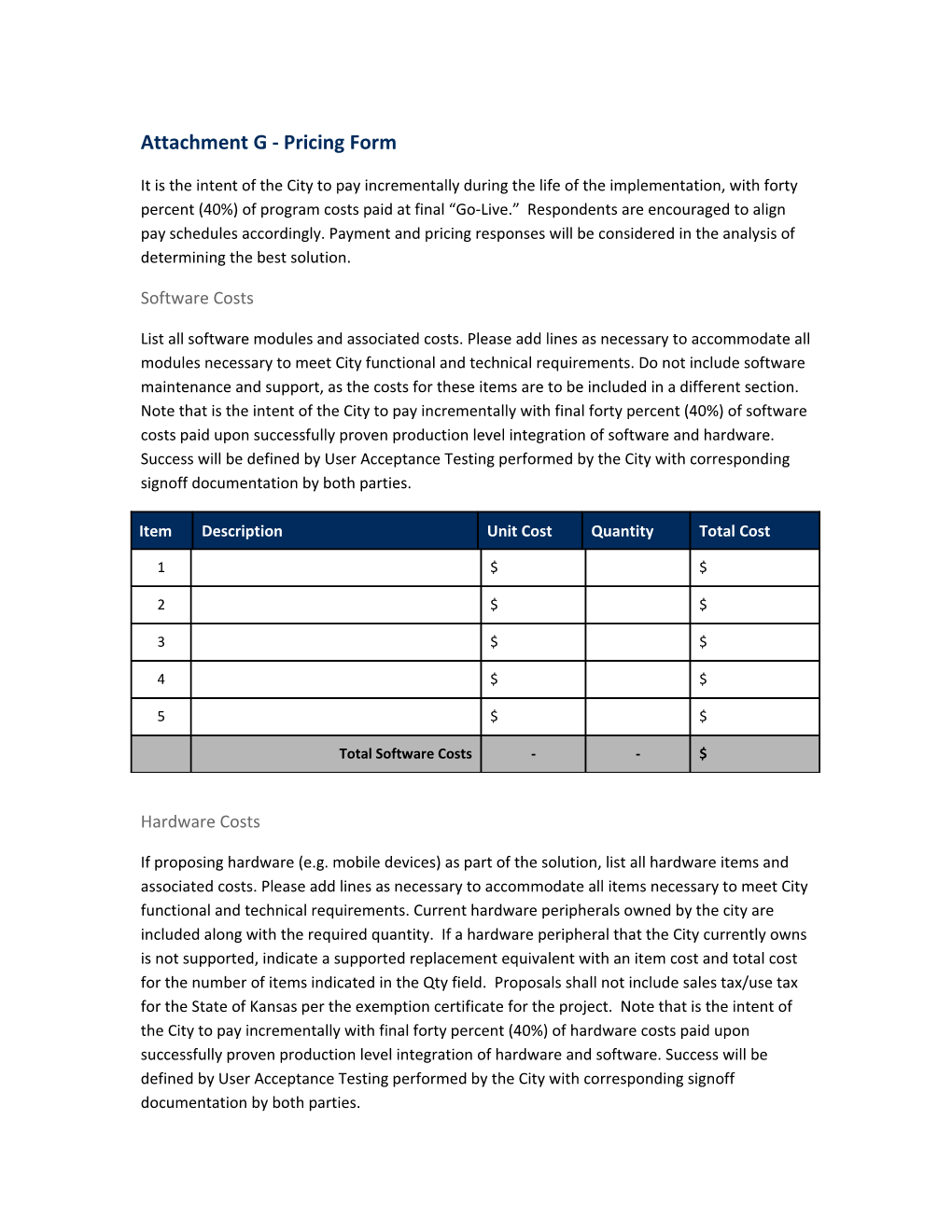 Attachment G - Pricing Form