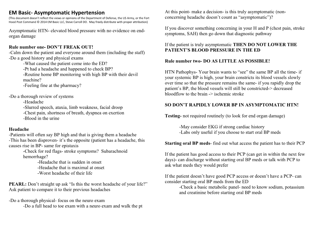 EM Basic- Asymptomatic Hypertension