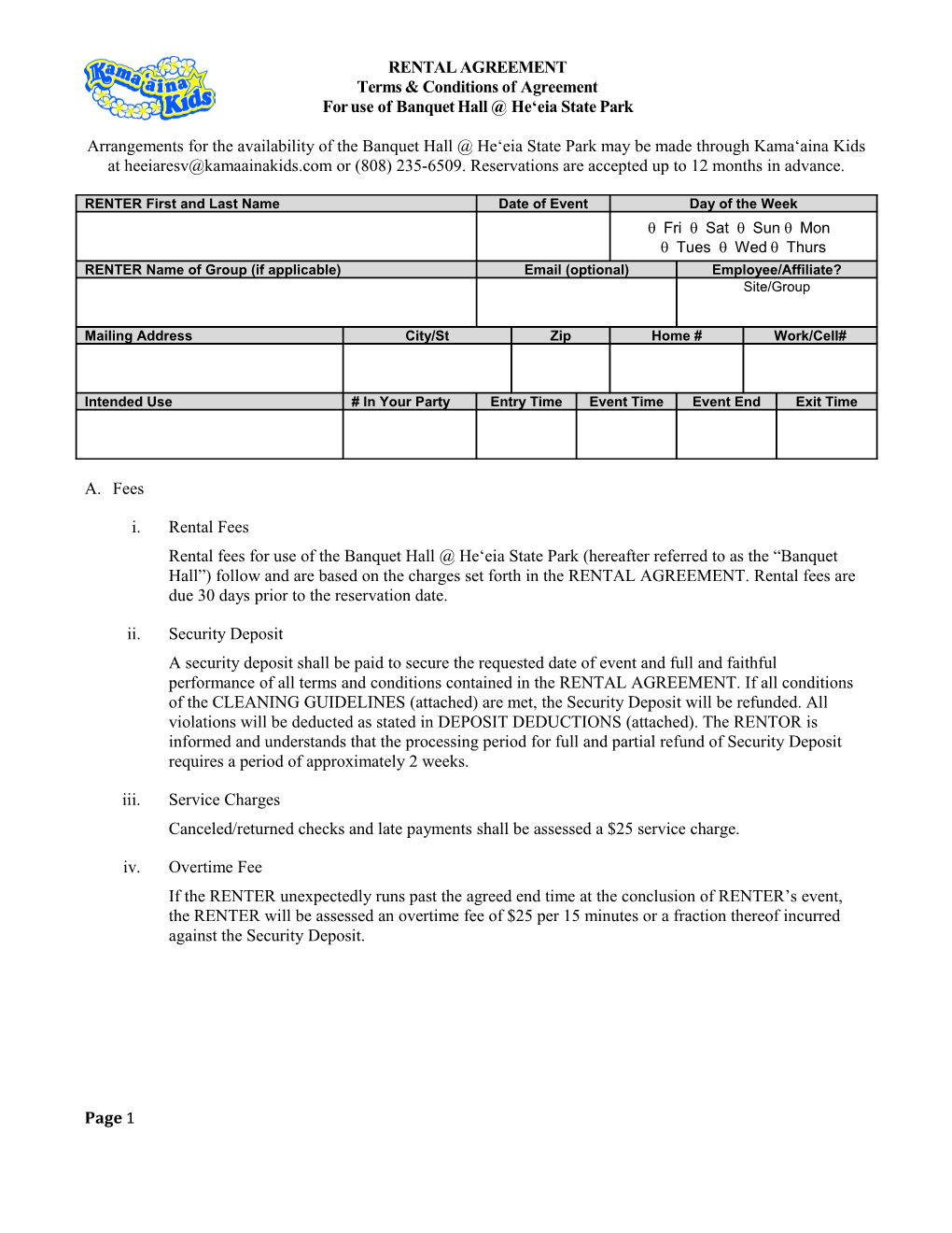 He Eia State Park Banquet Hall Rental Agreement