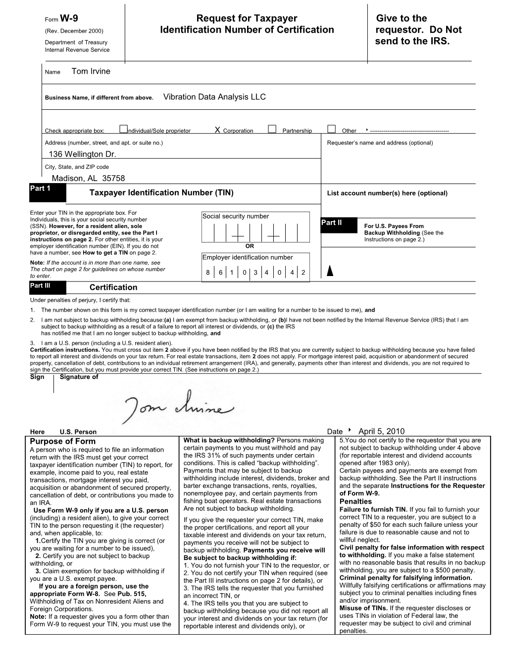 Form W-9 Request for Taxpayer