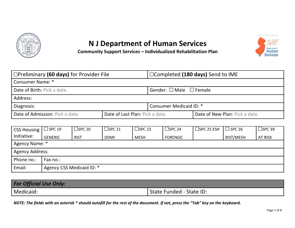 Community Support Services Individualized Rehabilitation Plan