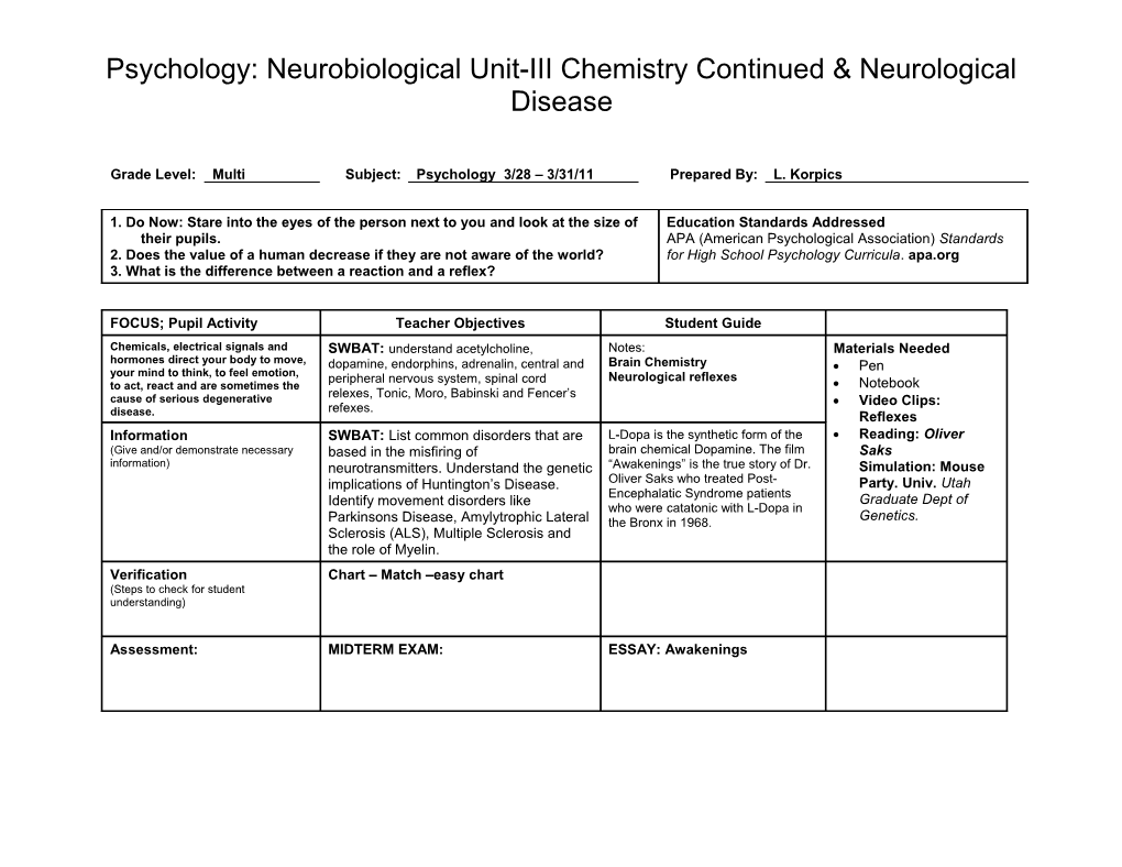 Psychology: Neurobiological Unit-III Chemistry Continued & Neurological Disease