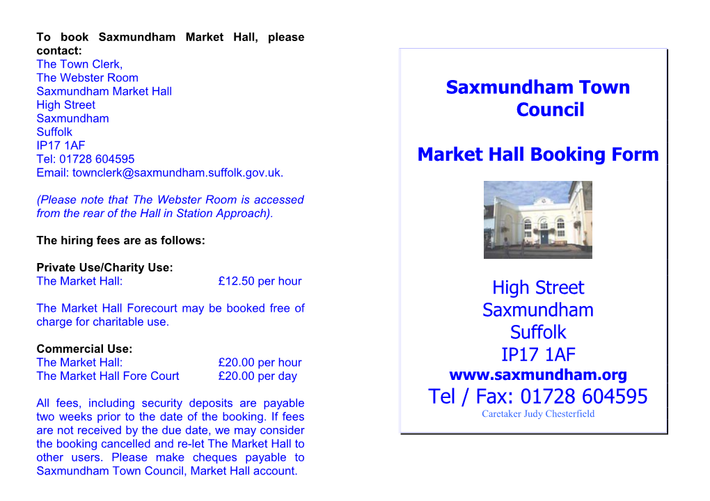 To Book Saxmundham Market Hall, Please Contact