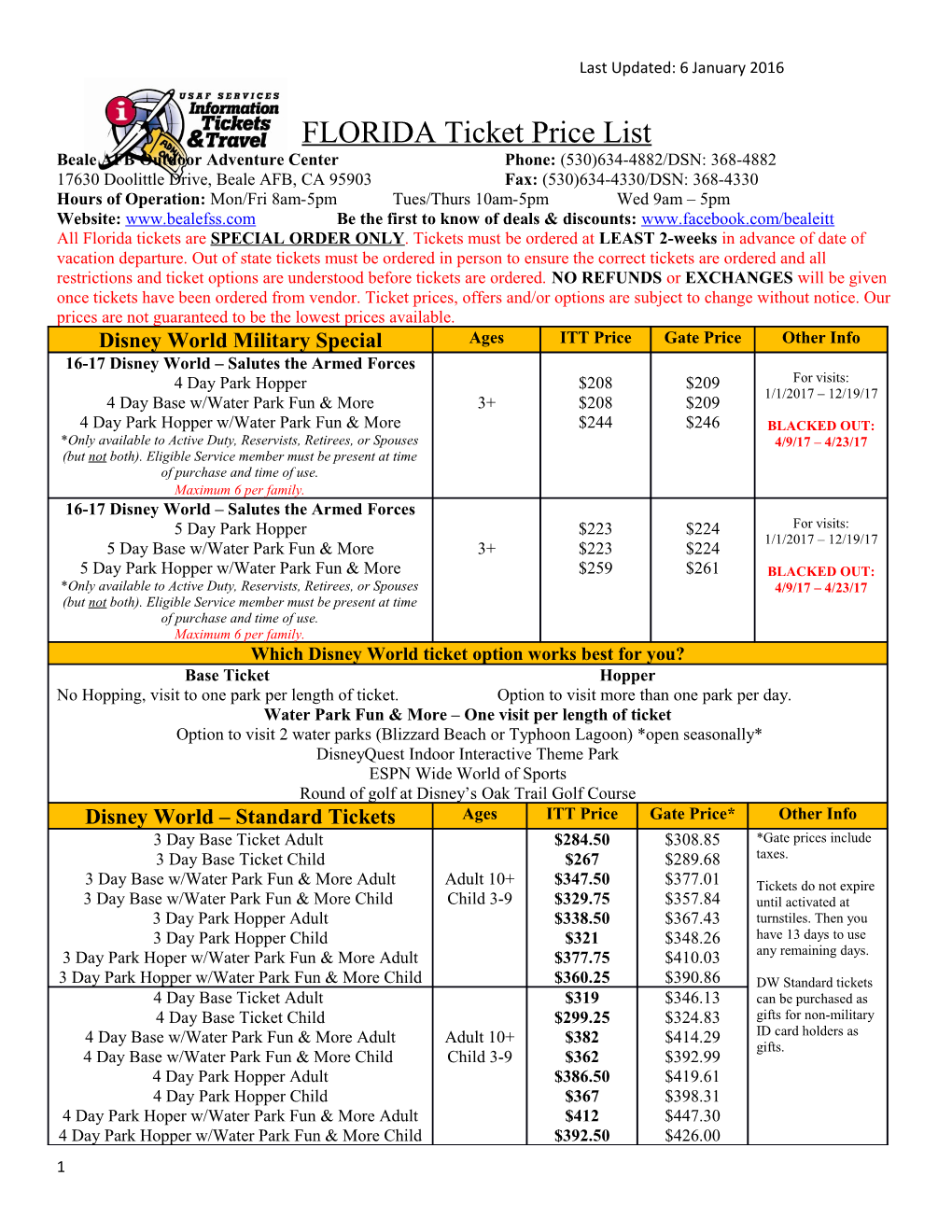 FLORIDA Ticket Price List