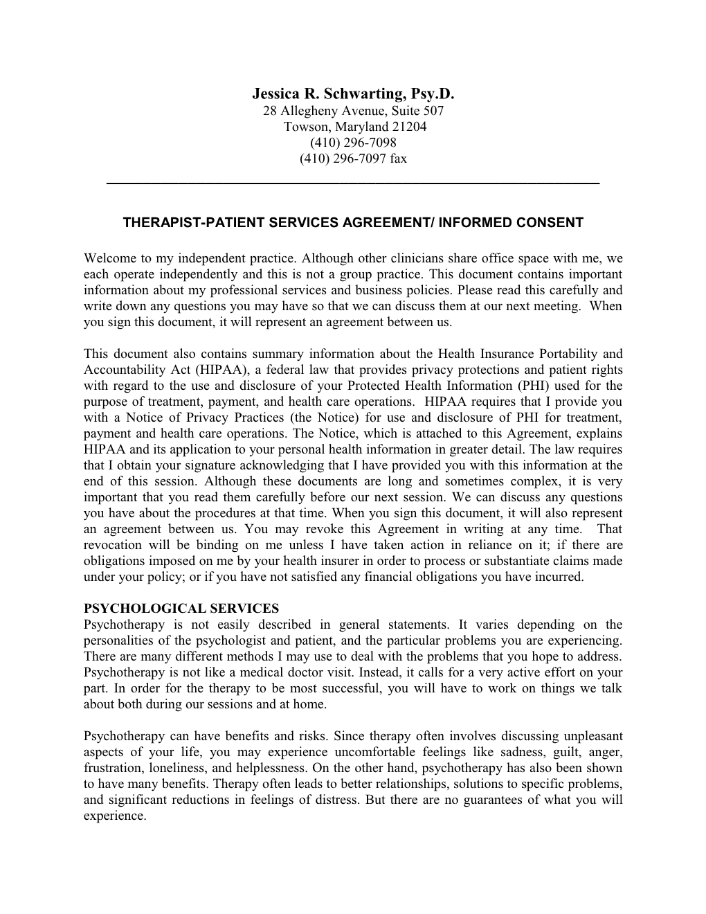 Therapist-Patient Services Agreement/ Informed Consent