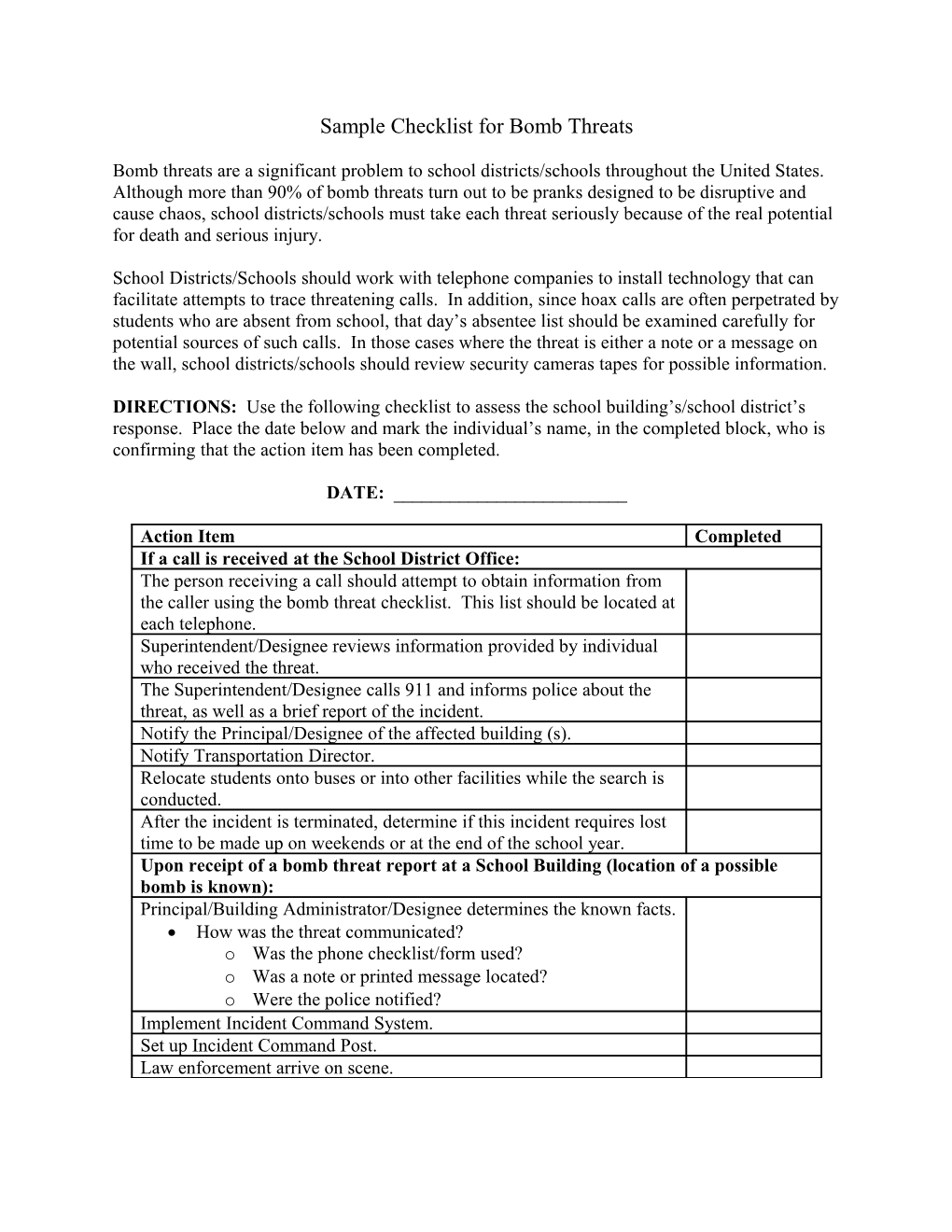 Sample Checklist for Bomb Threats