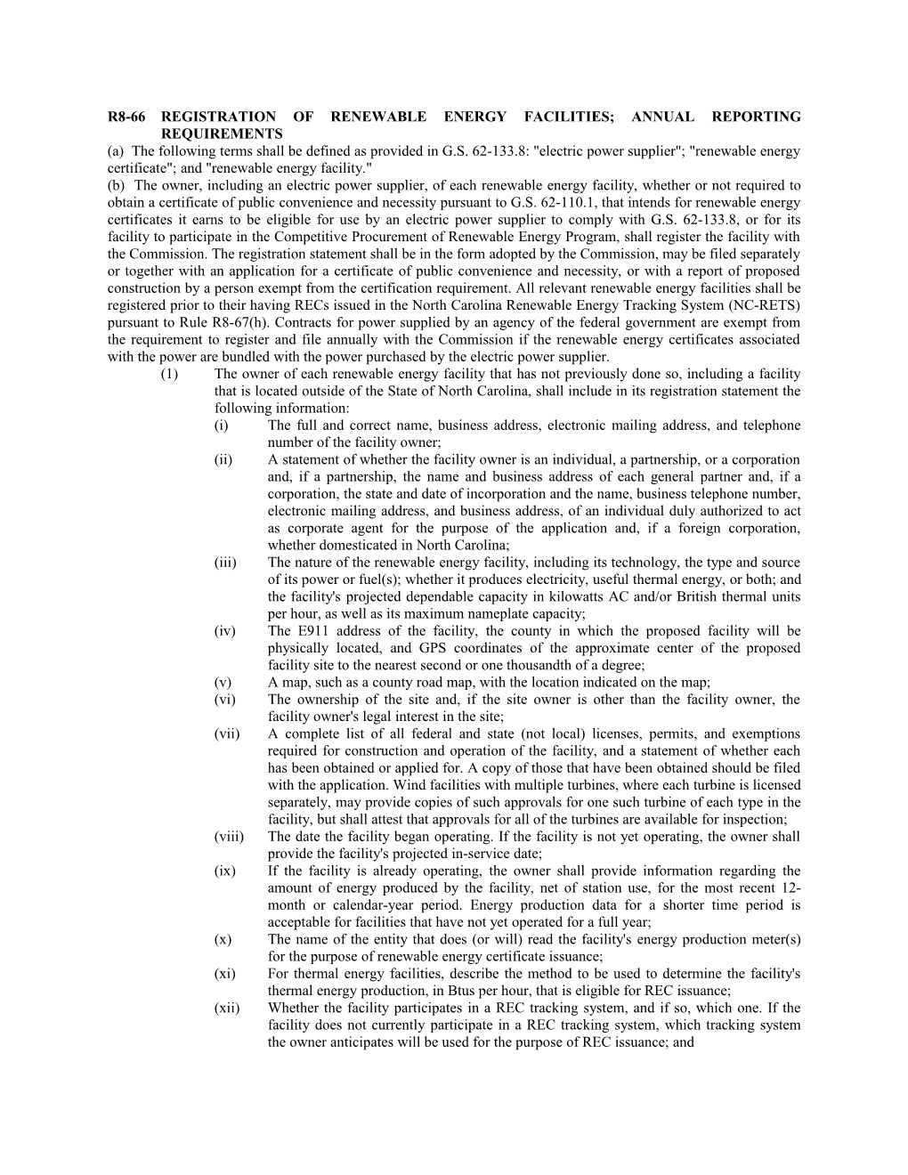 R866registration of Renewable Energy Facilities; Annualreporting Requirements