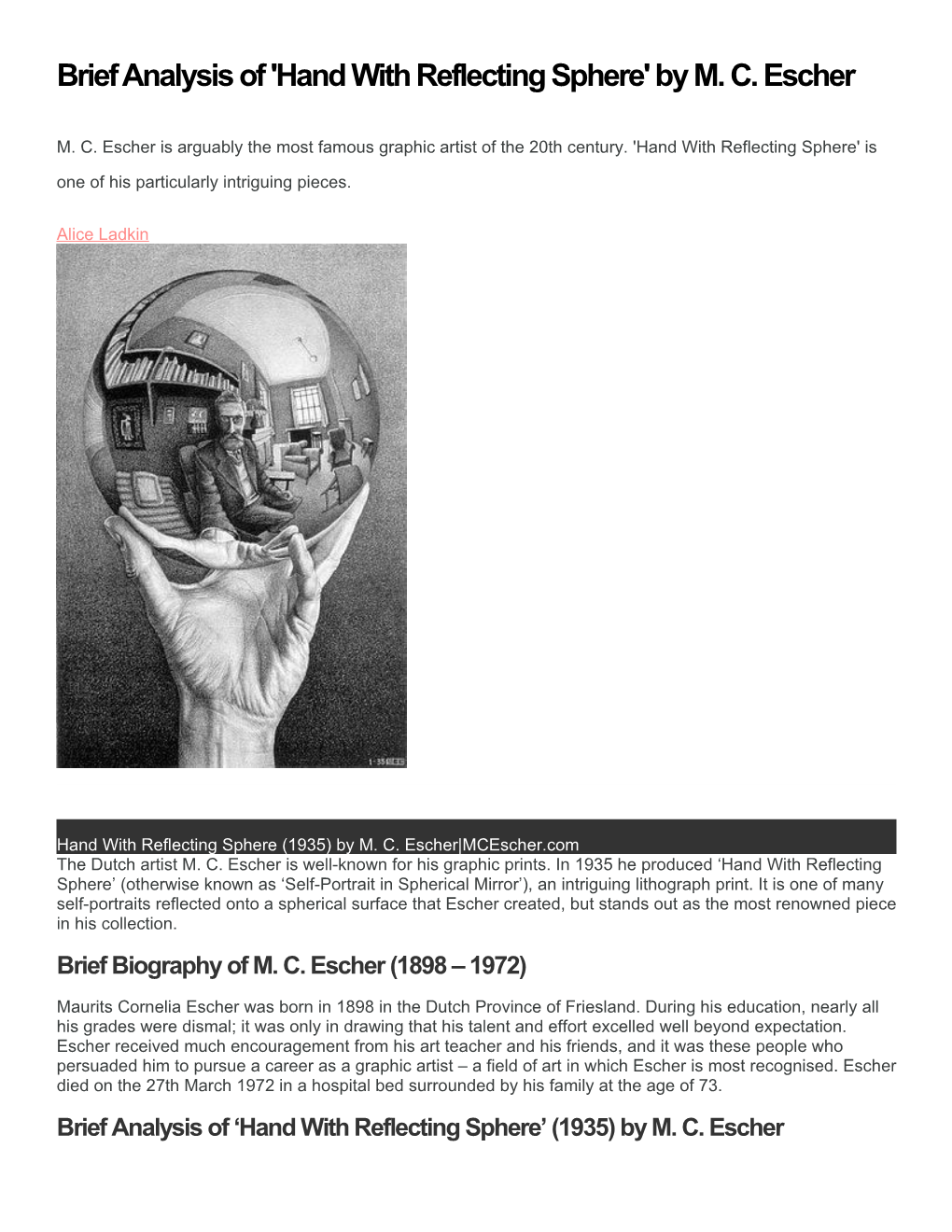 Brief Analysis of 'Hand with Reflecting Sphere' by M. C. Escher