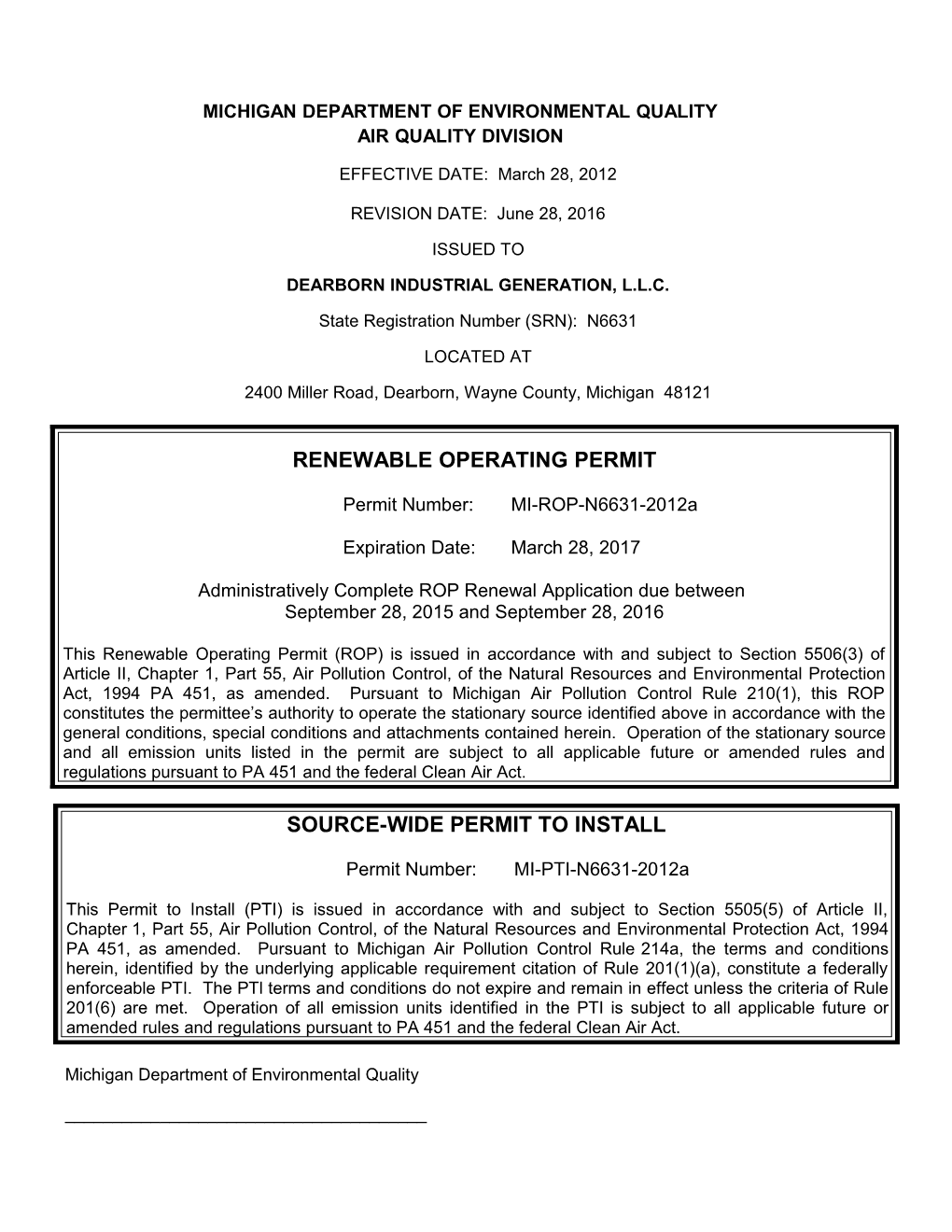 Dearborn Industrial Generation, L.L.C.ROP No.: MI-ROP-N6631-2012A