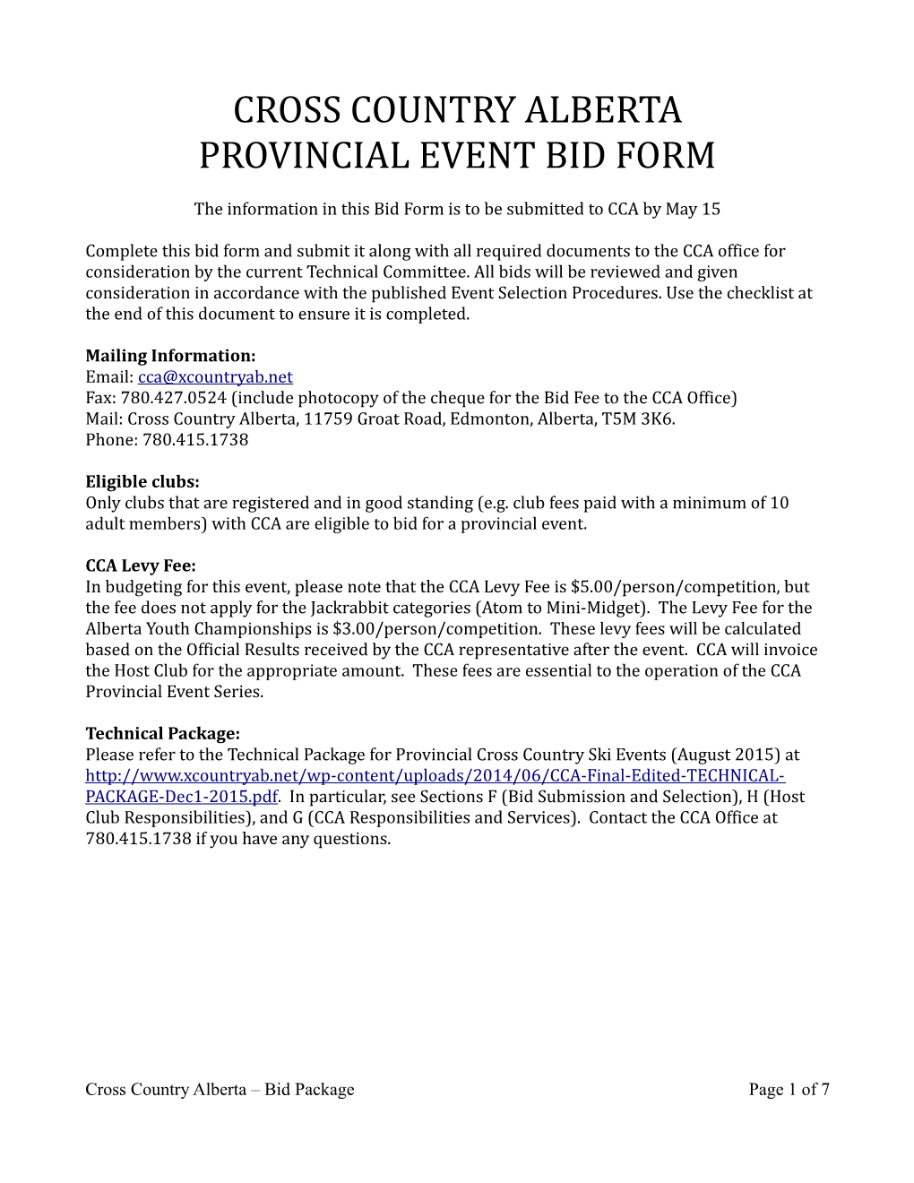 Provincial Event Bid Form