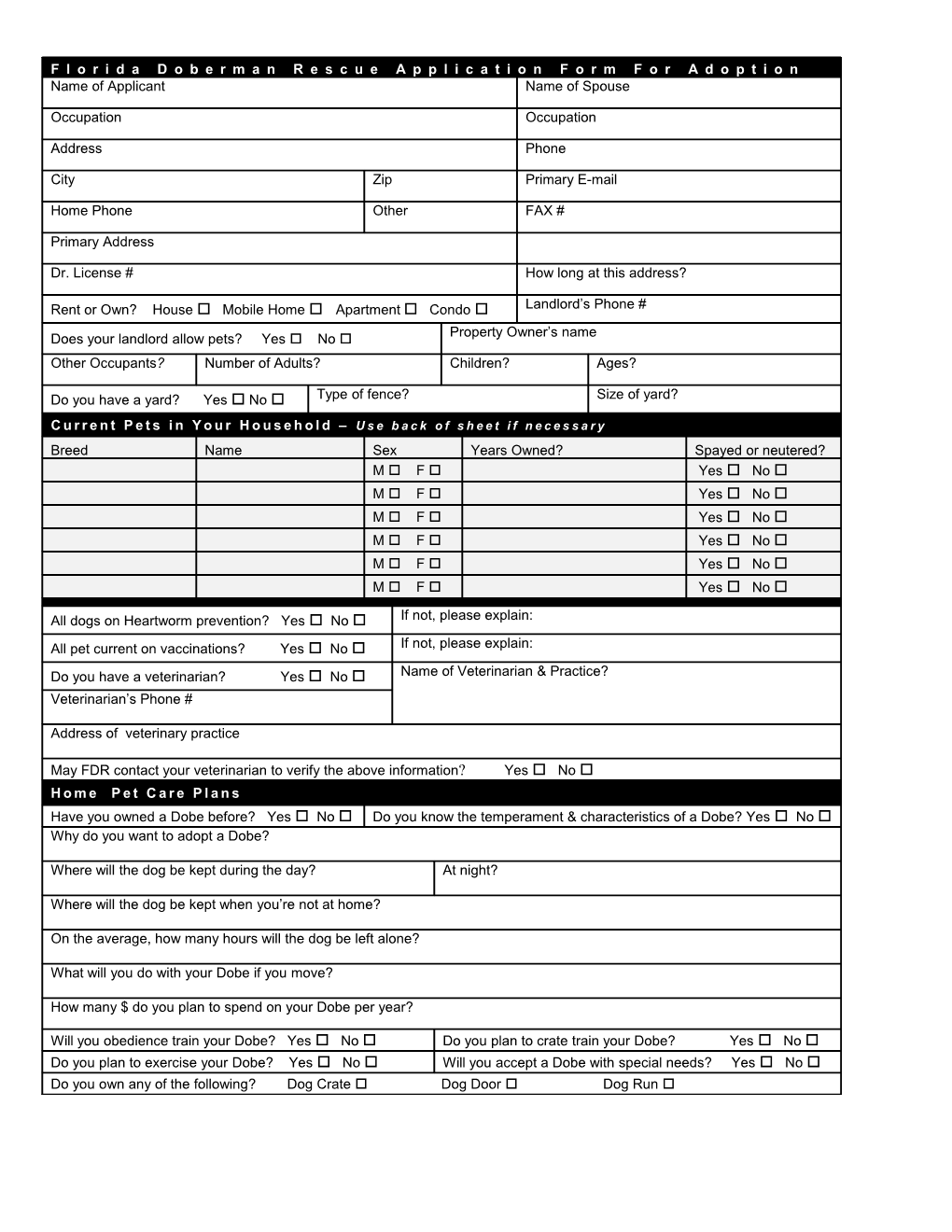 Florida Doberman Rescue Application Form for Adoption