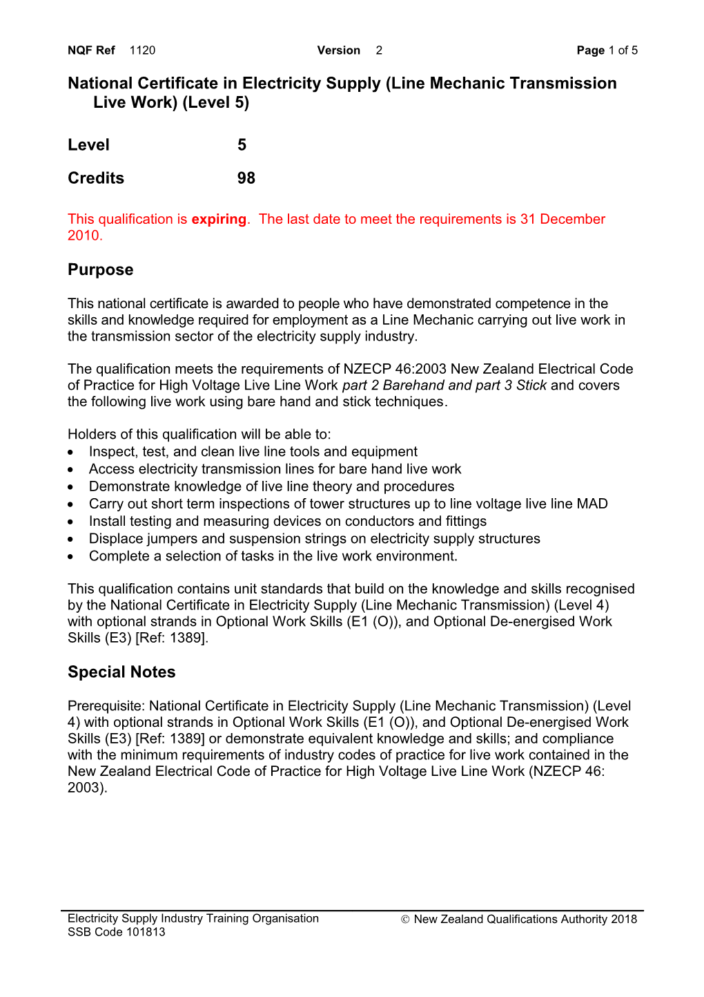 1120 National Certificate in Electricity Supply (Line Mechanic Transmission Live Work) (Level 5)