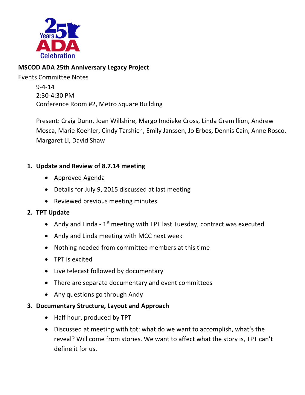 Events Committee Notes, 9-4-14