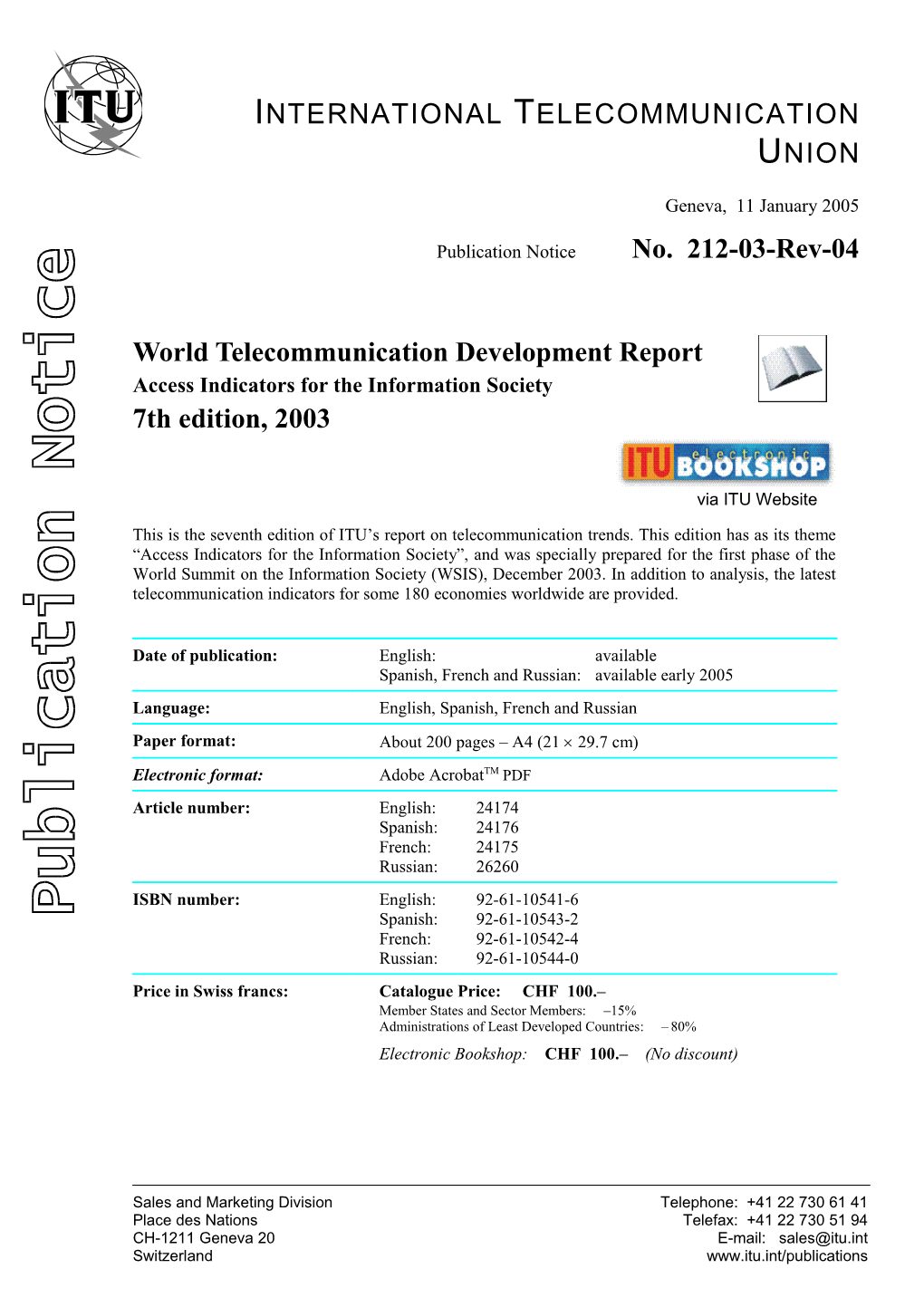 Publication Notice No. 212-03-Rev-04 World Telecommunication Development Report 7Th Edition