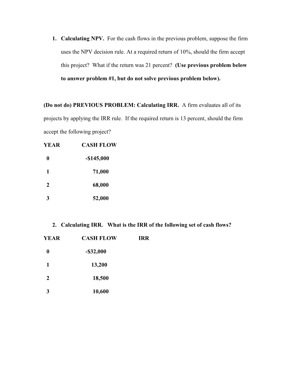 Year Cash Flow Irr