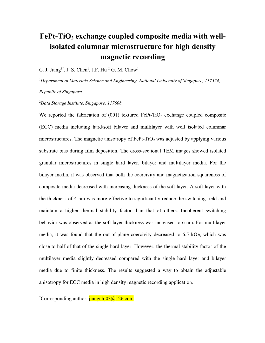 Fept-Tio2 Exchange Coupled Composite Media with Well-Isolated Columnar Microstructure For