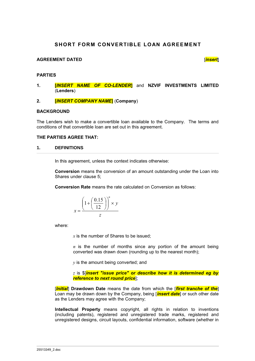 Short Form Convertible Loan Agreementpage 1