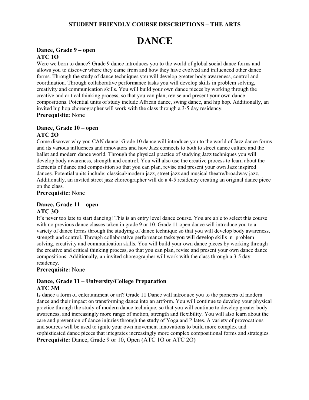 Student Friendly Course Descriptions the Arts