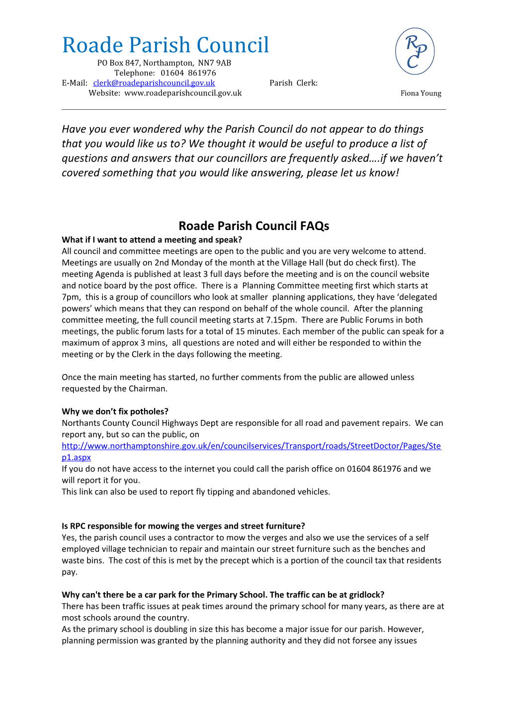 Roade Parish Council Faqs