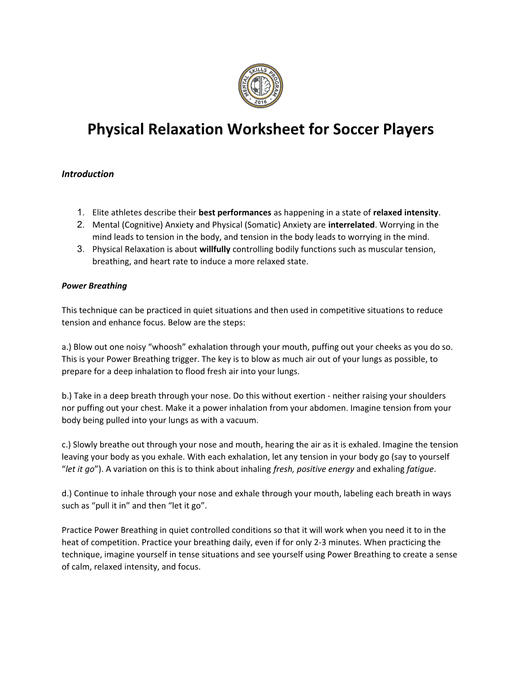 Physical Relaxation Worksheet for Soccer Players