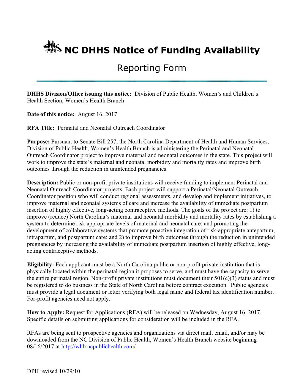 NC DHHS Notice of Funding Availability
