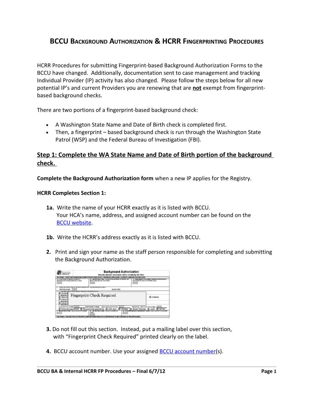 BCCU Background Authorization & HCRR Fingerprinting Procedures