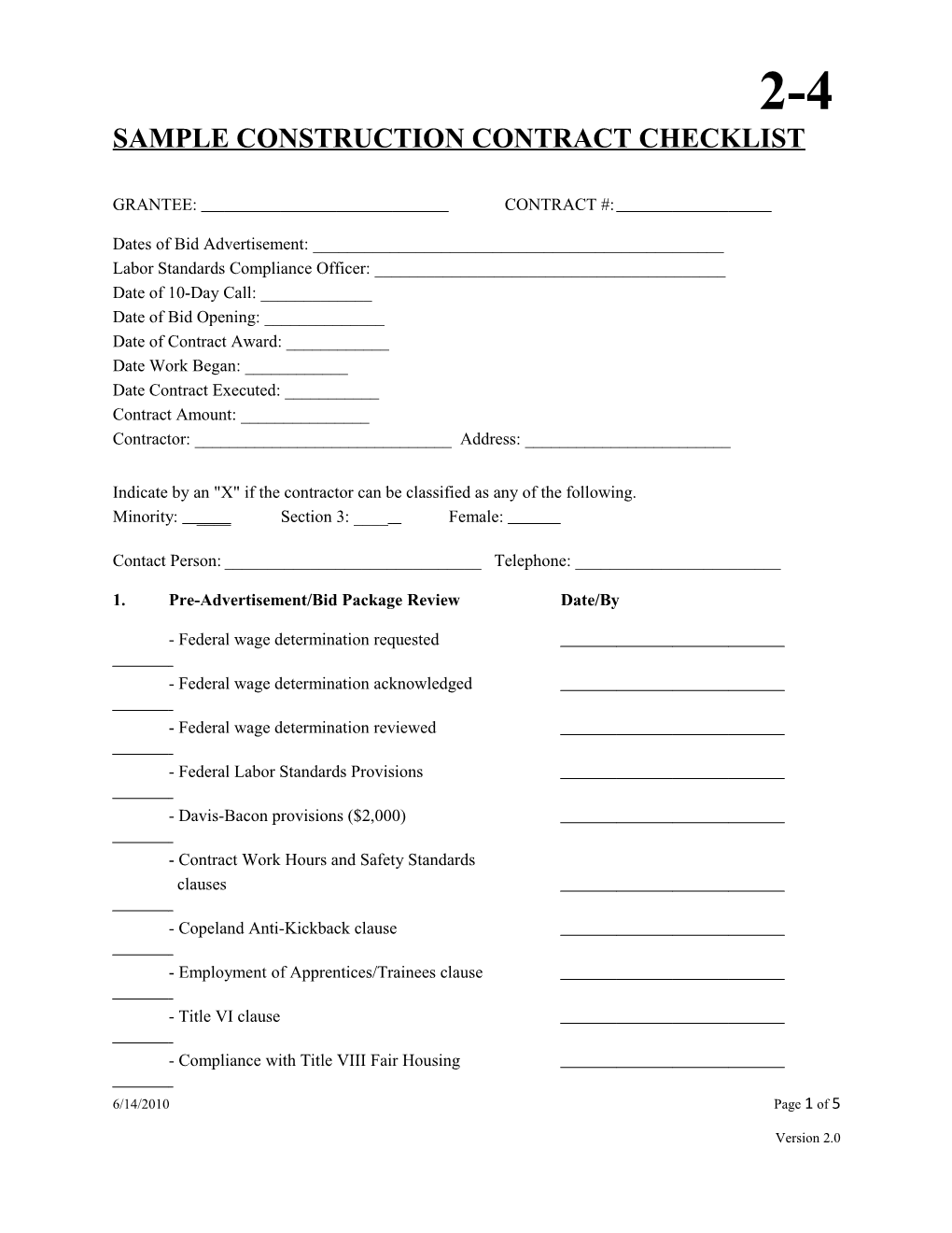 Exhibit 2-4 - Sample Construction Contract Checklist