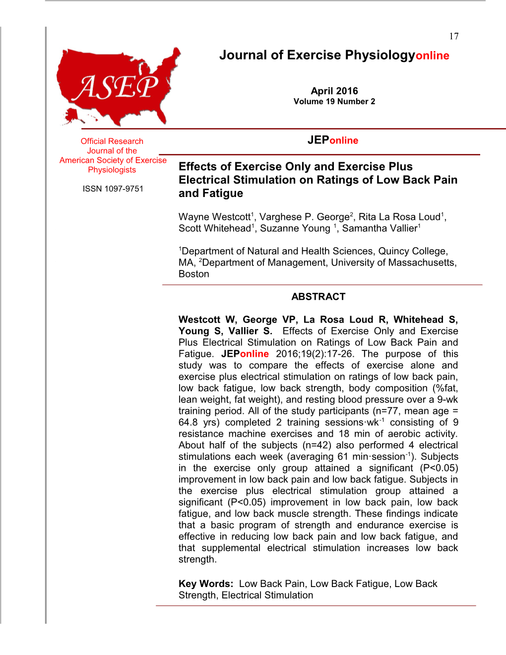 Effects of Exercise Only and Exercise Plus Electrical Stimulation on Ratings of Low Back