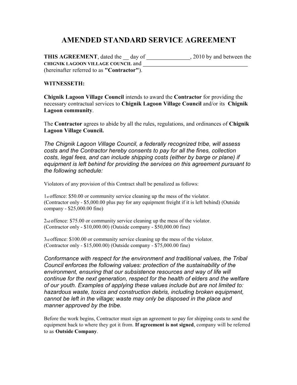 Amended Standard Service Agreement