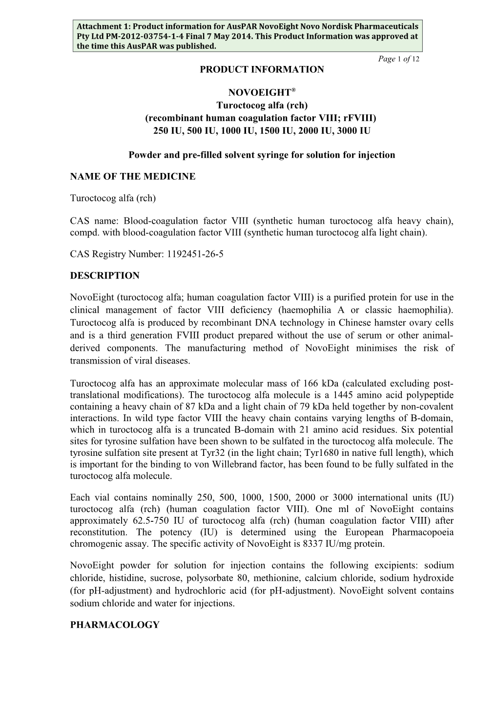 Auspar Attachment 1: Product Information for Turoctocog Alfa (Rch) (Novoeight)