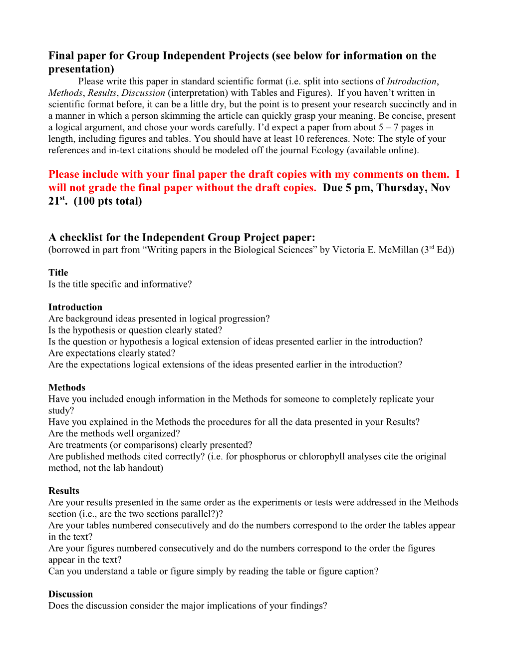 A Checklist for the Independent Group Project Paper