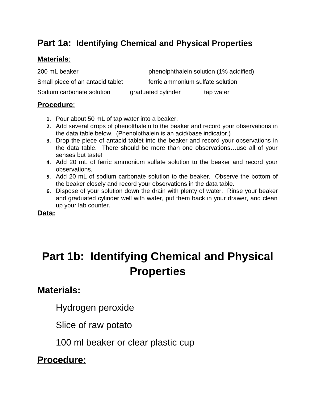 Part 1A: Identifying Chemical and Physical Properties