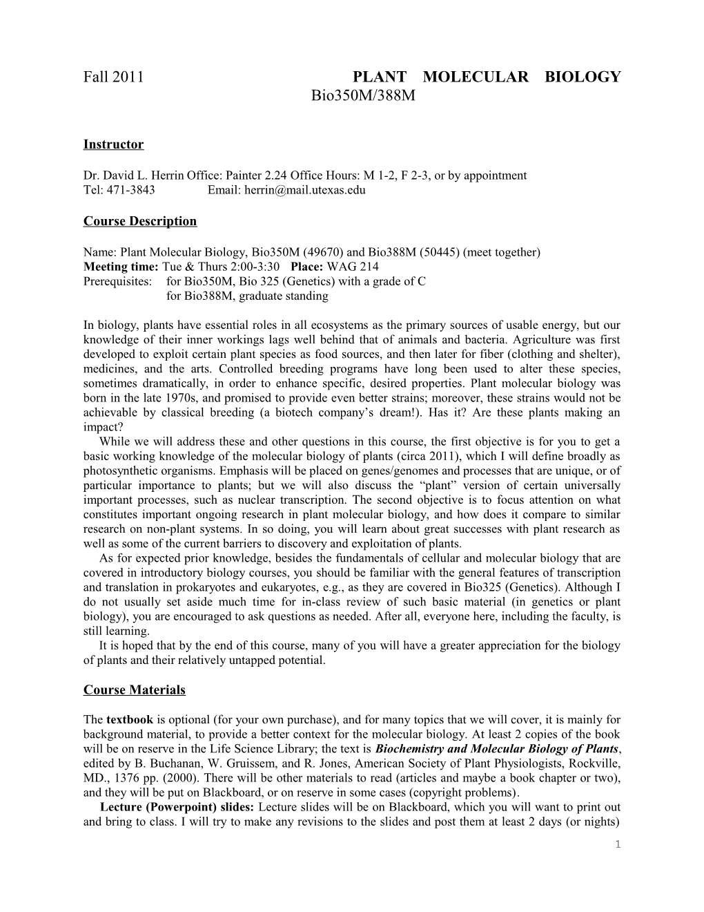 Fall2011 PLANT MOLECULAR BIOLOGY Bio350m/388M