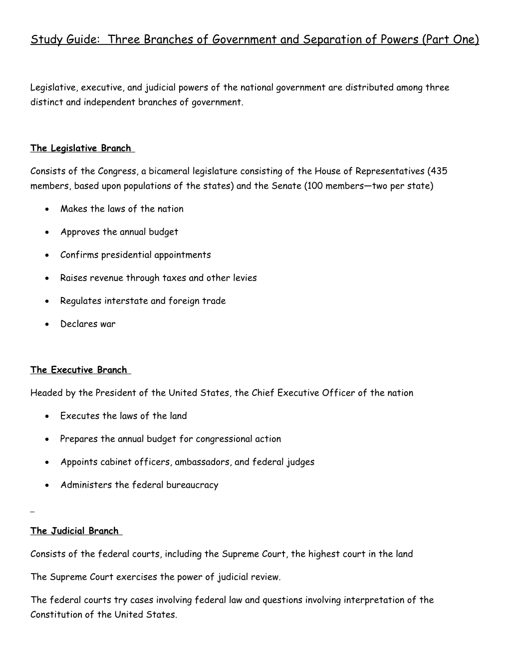 Study Guide: Three Branches of Government and Separation of Powers (Part One)