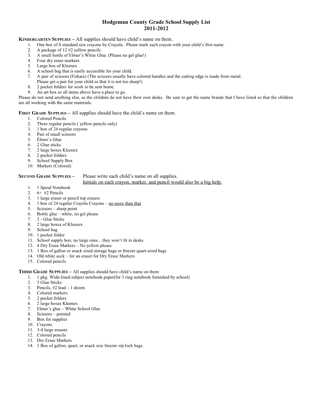 Jetmore Elementary School Supply List