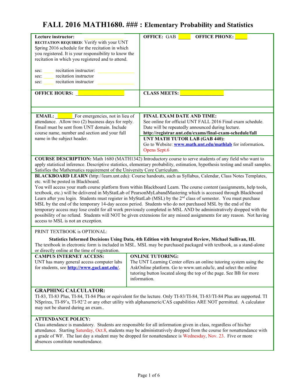 FALL 2016MATH1680. : Elementary Probability and Statistics