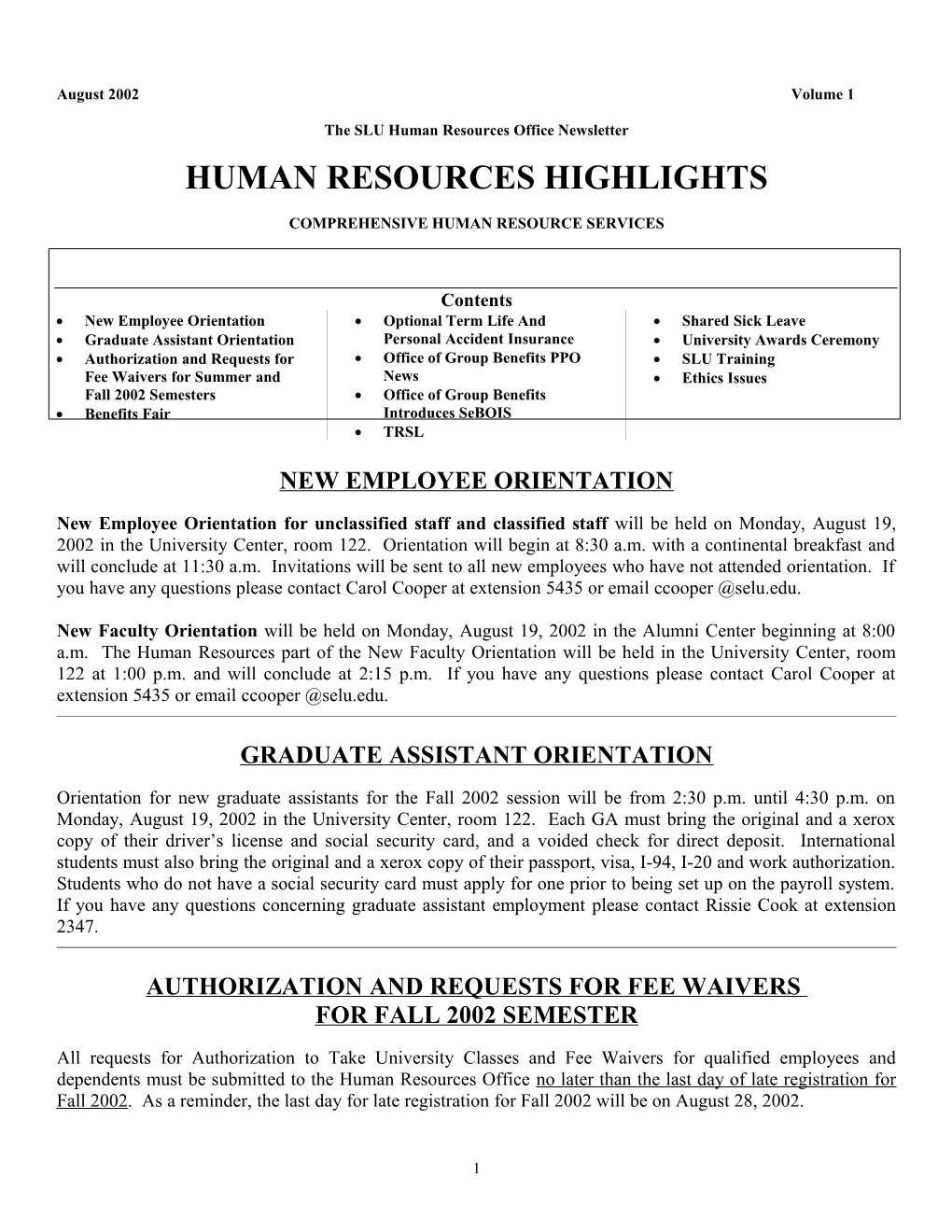 The SLU Human Resource Office Newsletter