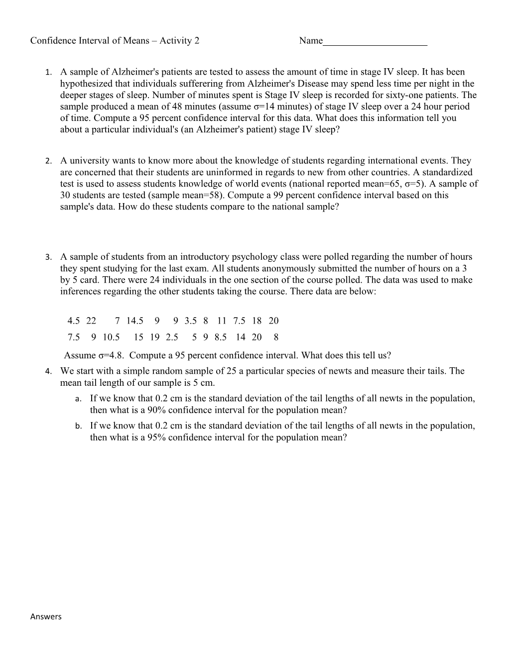 Confidence Interval of Means Activity 2Name______