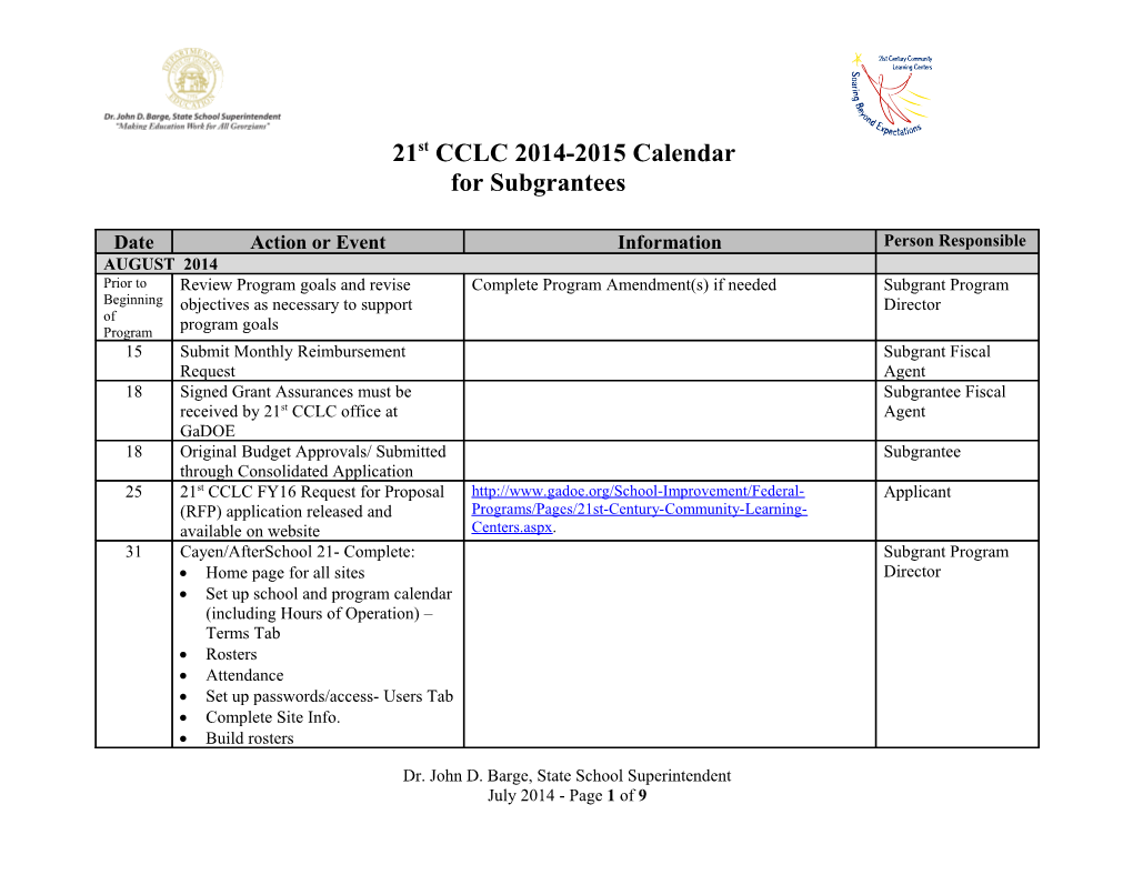 21St CCLC 2014-2015 Calendar