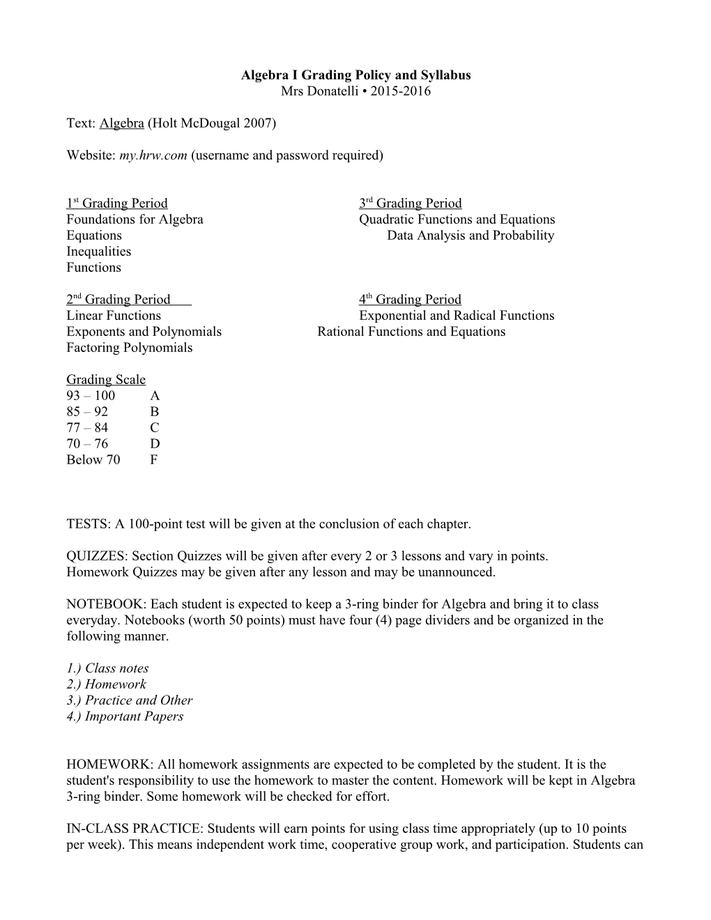 Algebra I Grading Policy and Syllabus