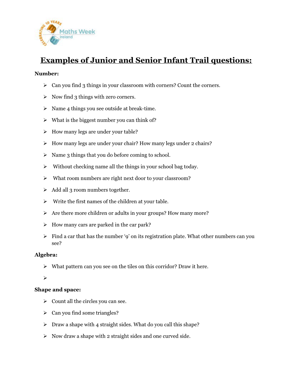 Examples of Junior and Senior Infant Trail Questions