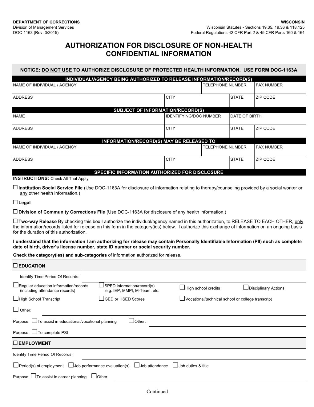 DOC-1163 Authorization for Disclosure of Non-Health Confidential Info