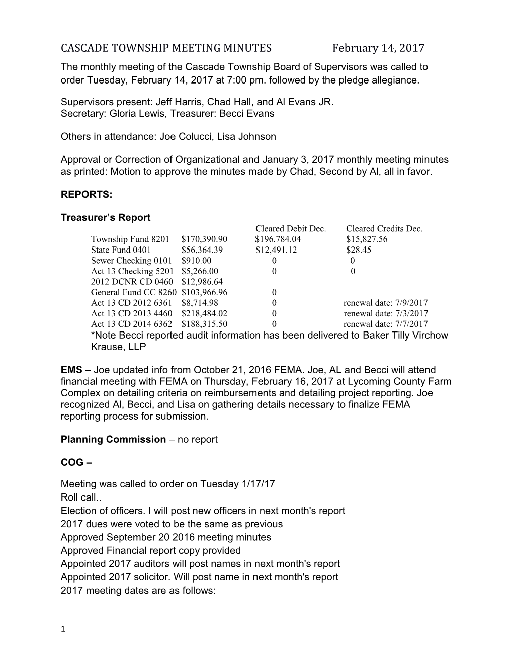 CASCADE TOWNSHIP MEETING Minutesfebruary 14, 2017